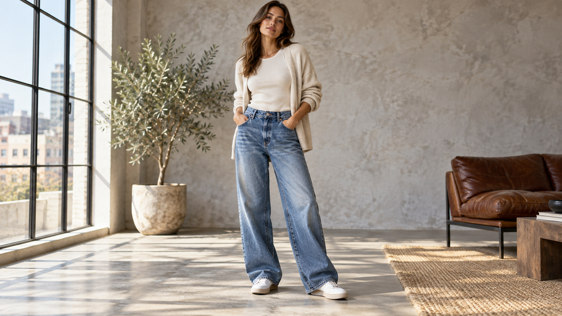 Adult model wearing relaxed blue loose-fit jeans in a bright modern interior