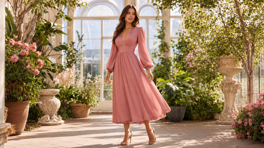 Woman wearing a romantic rose midi dress in a botanical conservatory