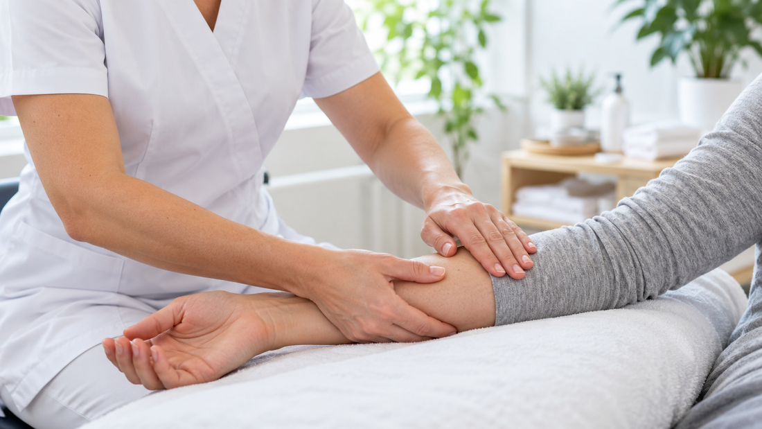 Professional therapist demonstrating gentle lymphatic massage on a client forearm