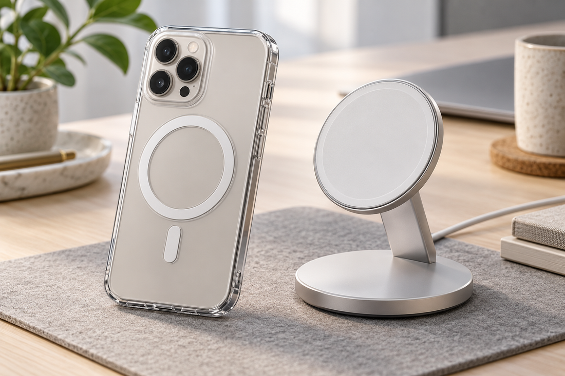 Unbranded smartphone in a clear magnetic case beside a wireless charging stand