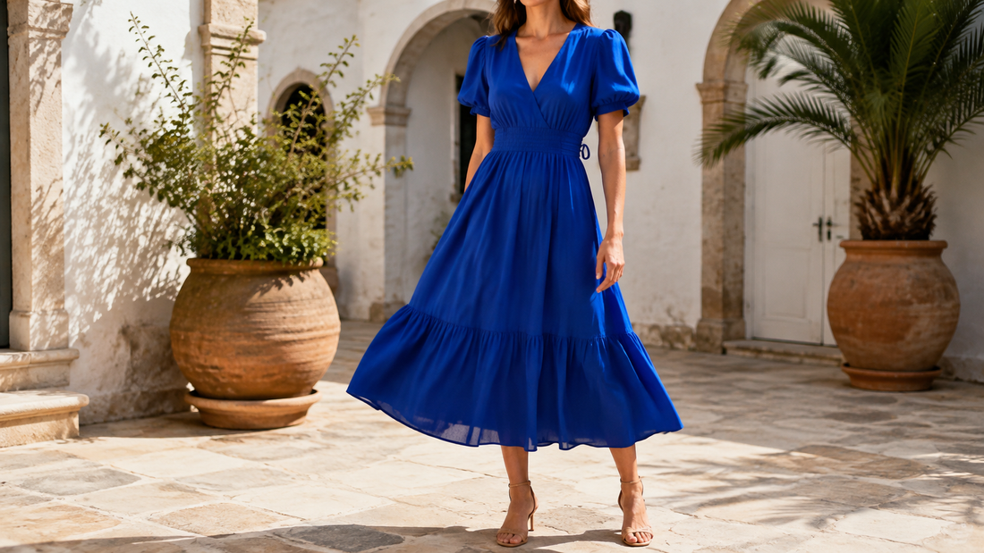 Woman wearing a vivid Majorelle blue flowing midi dress in a sunlit Mediterranean courtyard