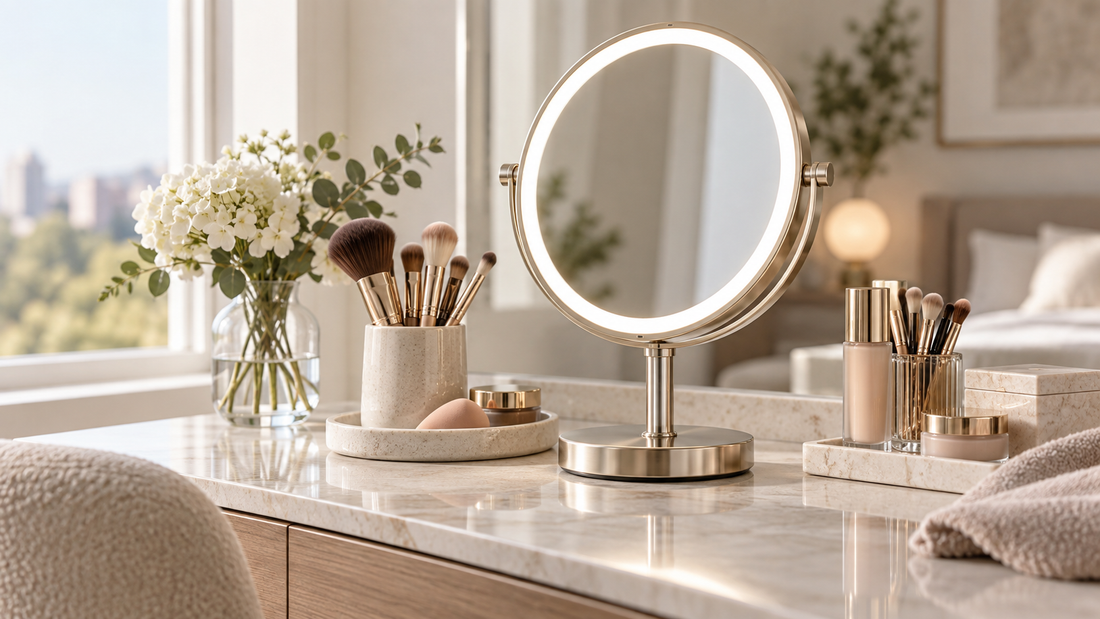 Illuminated round makeup mirror on a tidy sunlit vanity
