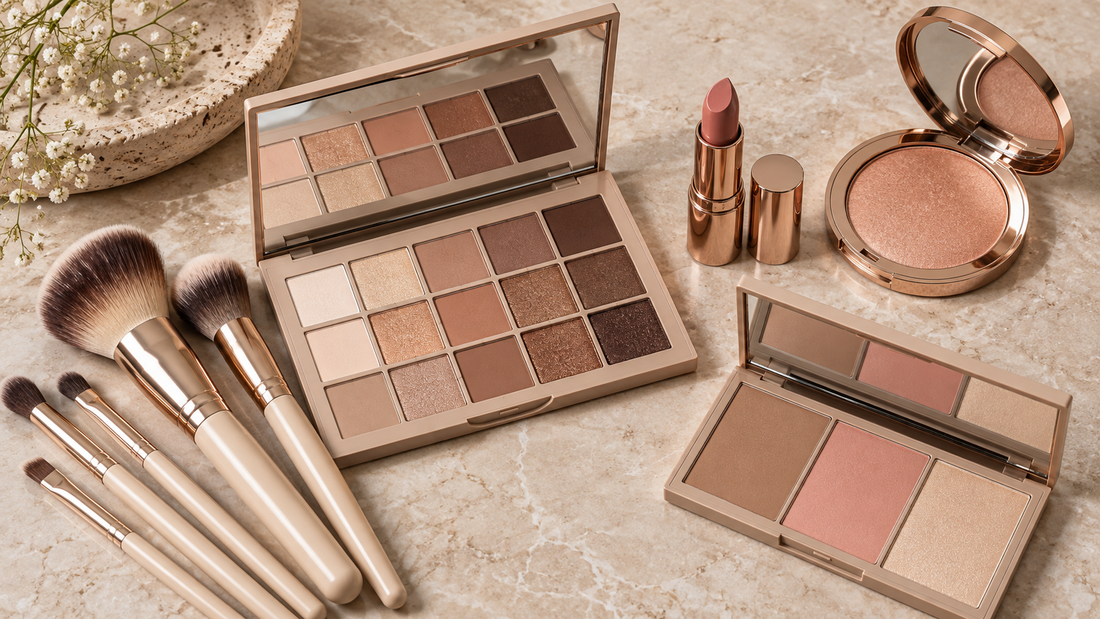 Unbranded makeup set with palettes, brushes and lipstick