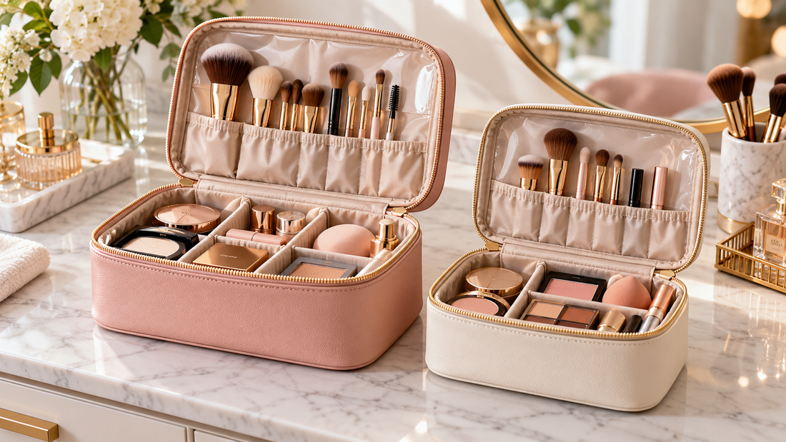 Two open makeup bags with organized unbranded cosmetics and brushes