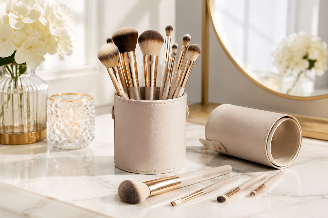 Premium makeup brushes arranged on a clean vanity surface