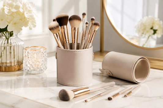 Premium makeup brushes arranged on a clean vanity surface