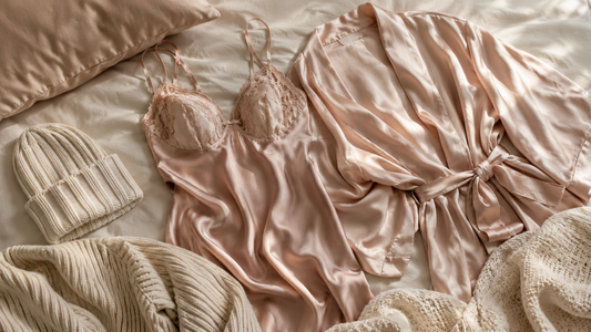Blush champagne satin camisole and matching robe arranged with cream knitwear on soft neutral bedding