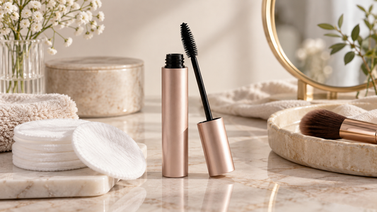 Mascara wand and gentle makeup accessories in a clean neutral setting
