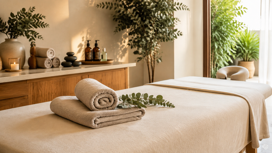 Serene massage room with towels stones and botanical oils