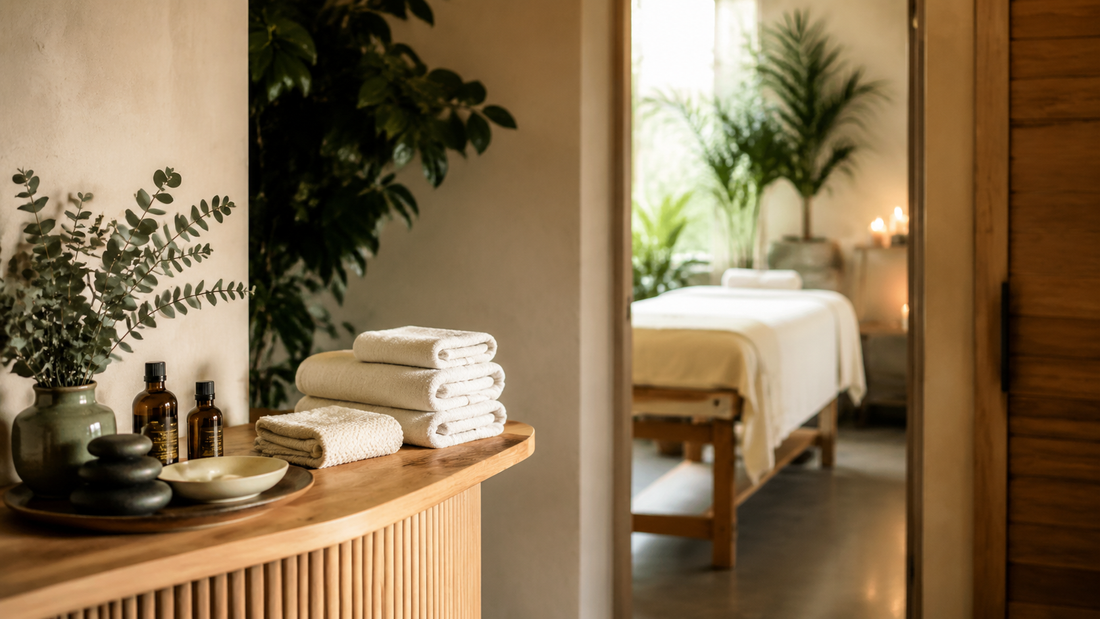 Welcoming local massage studio with towels stones and botanical oils