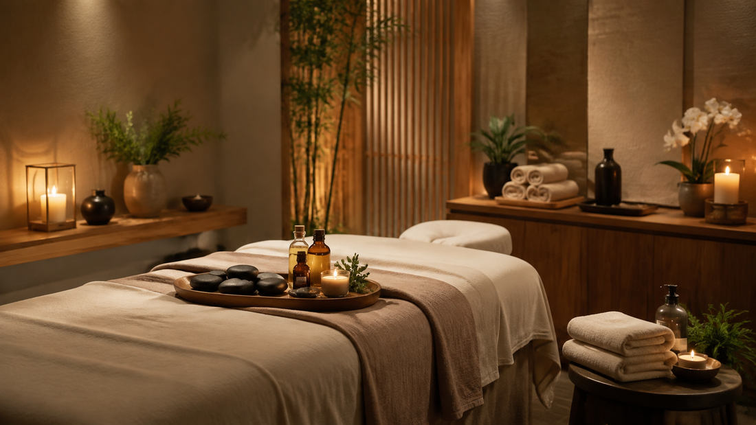 Serene professional massage room with a prepared treatment table, folded towels and warm natural light