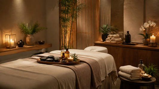 Serene professional massage room with a prepared treatment table, folded towels and warm natural light