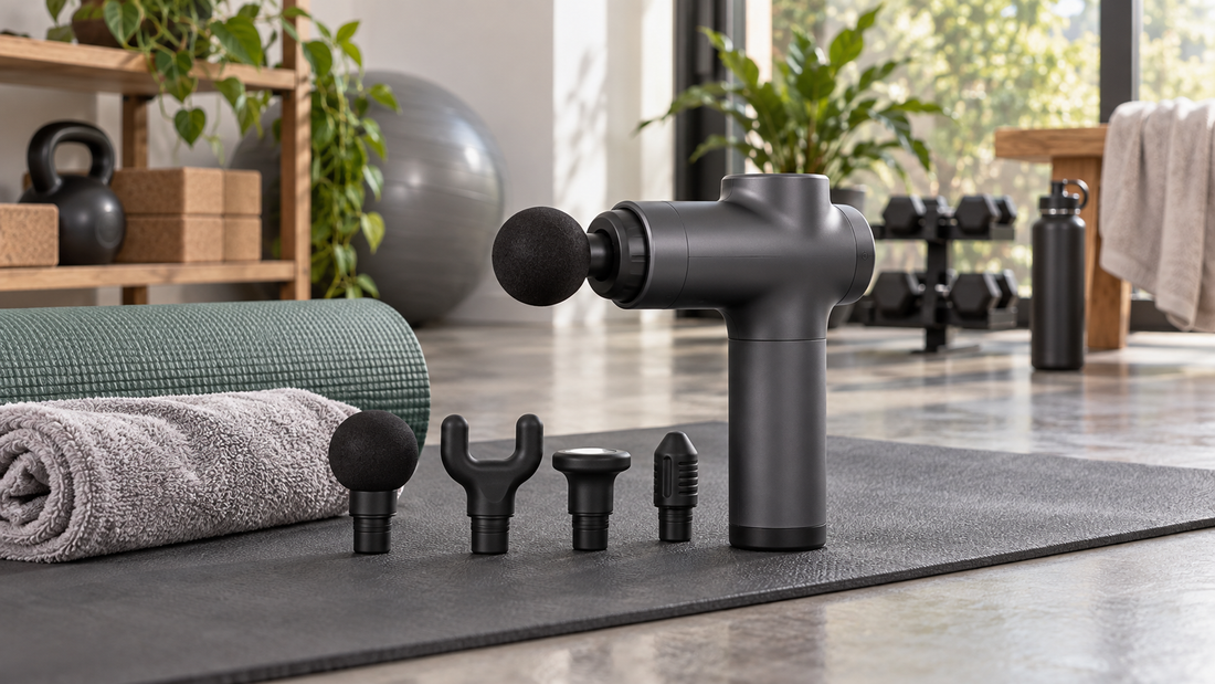 Unbranded massage pistol with attachments on a home gym mat