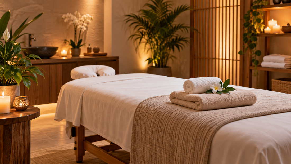 Clean professional massage spa room with prepared table and folded towels
