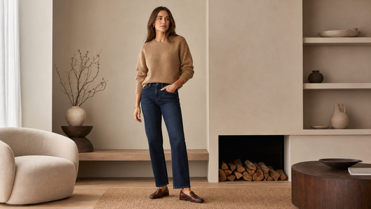 Woman styling matte dark wash jeans with a camel knit and loafers
