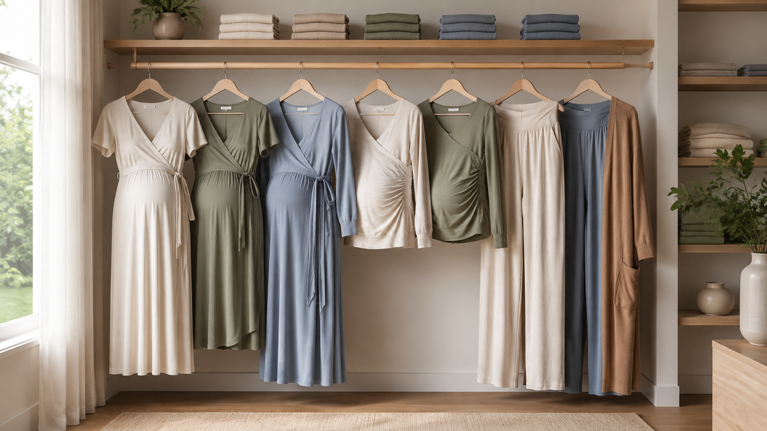 Comfortable modern maternity clothes in soft neutral colors