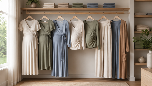 Comfortable modern maternity clothes in soft neutral colors