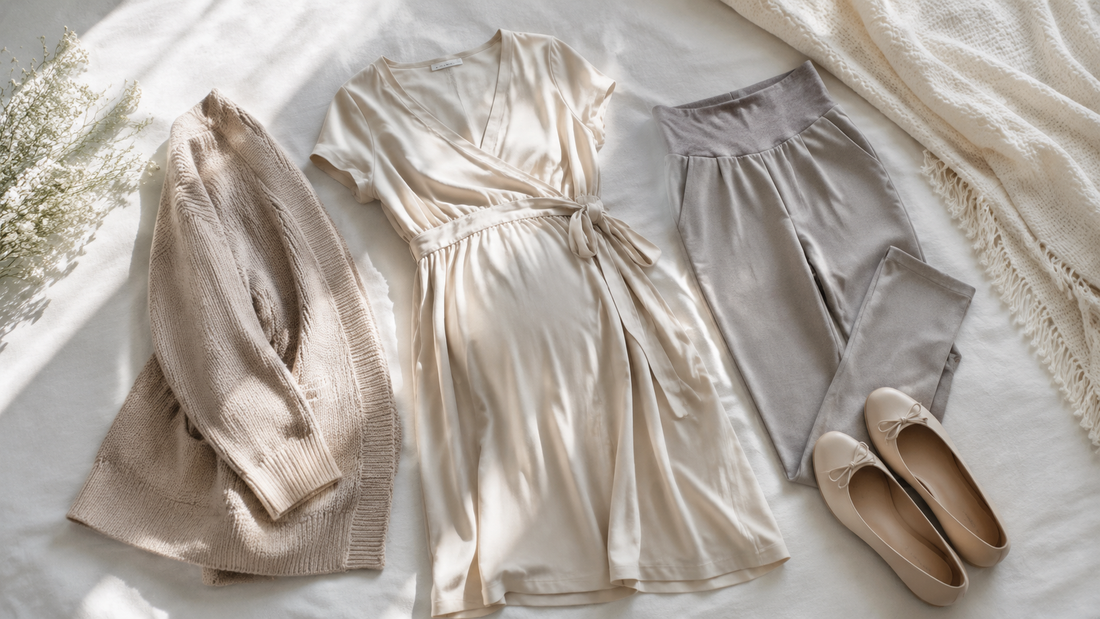 Neutral maternity wardrobe flat lay with a wrap dress, stretch trousers, cardigan and supportive flats
