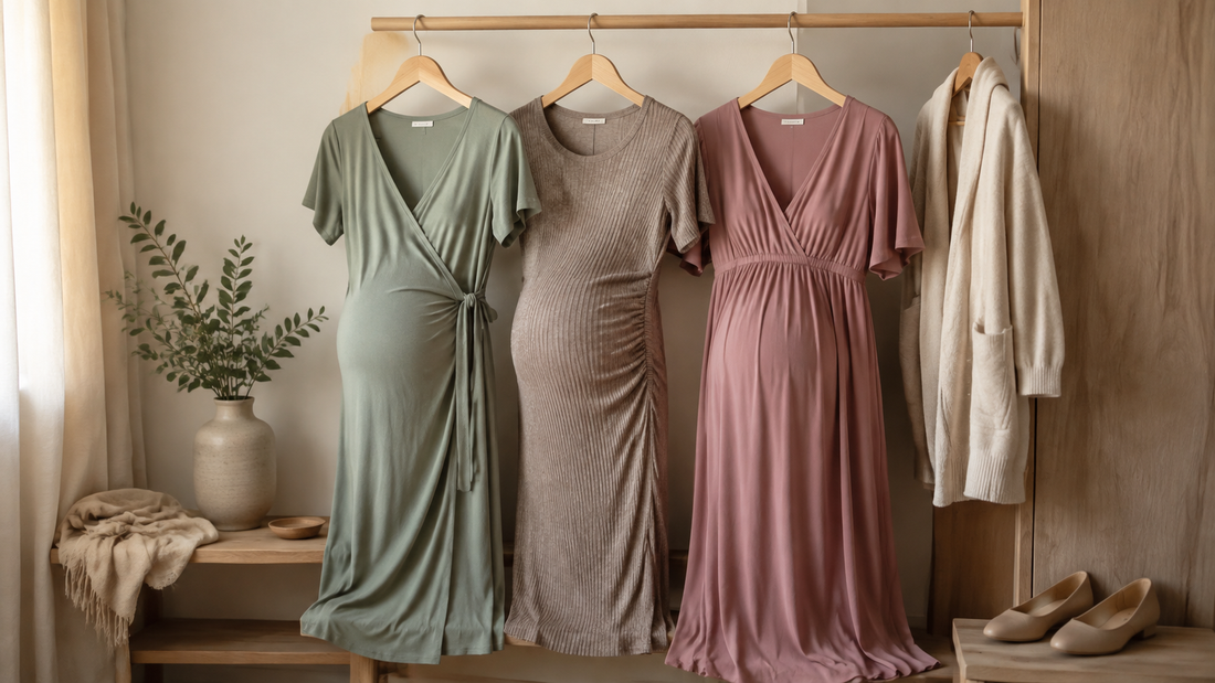 Wrap, stretch midi and empire-waist maternity dresses displayed with a cardigan and supportive flats