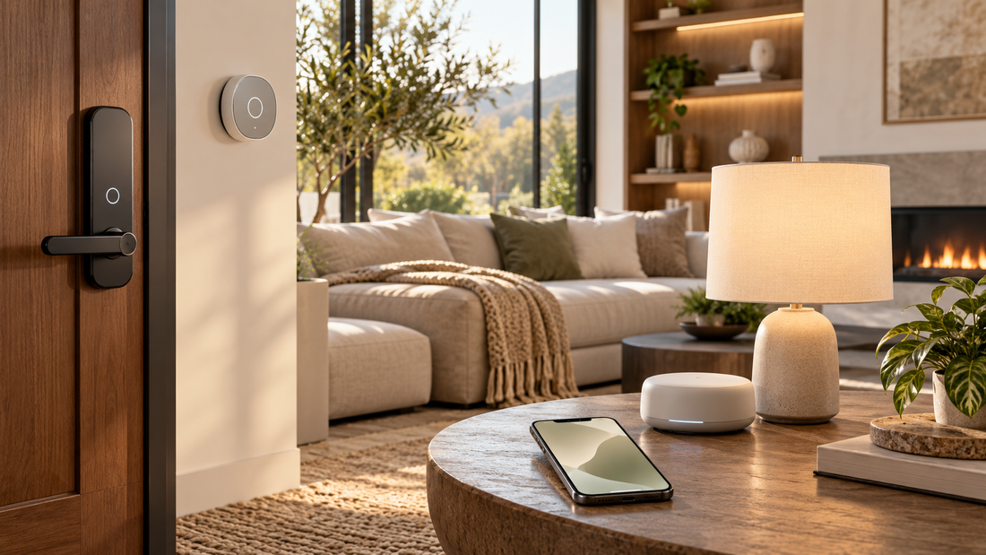 Modern Matter smart home with unbranded connected lock, thermostat, lamp and hub