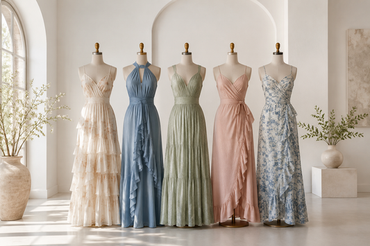 Elegant women's maxi dresses in a bright upscale studio