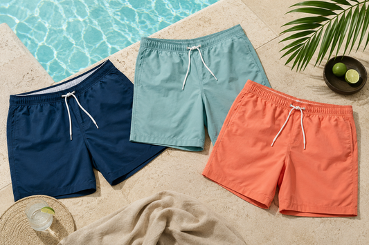 Stylish men's bathing suits in a clean poolside flat lay