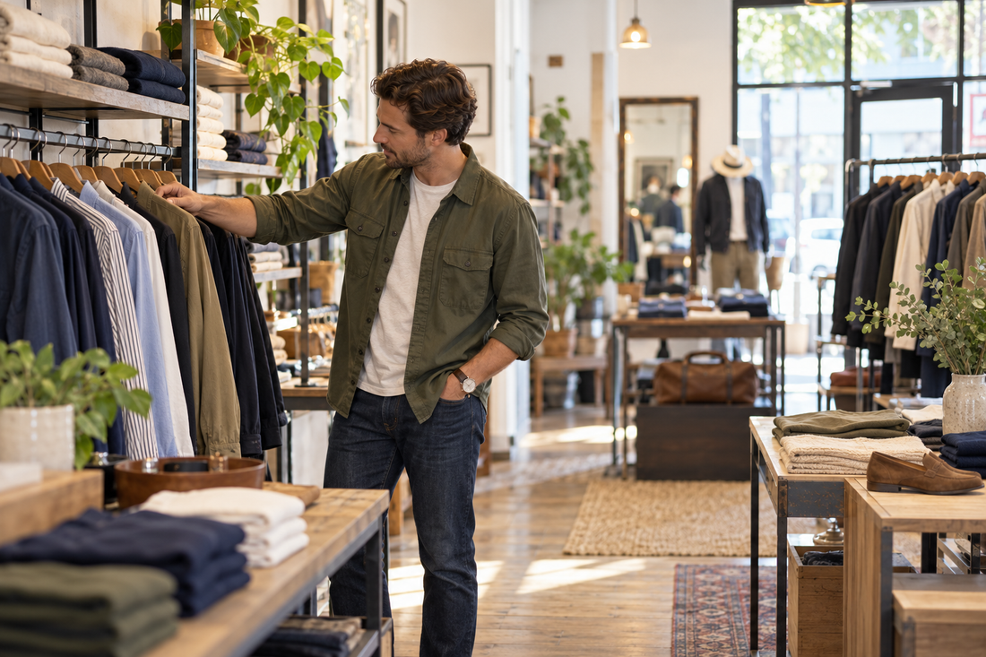 Adult man browsing unbranded menswear in a welcoming local clothing boutique