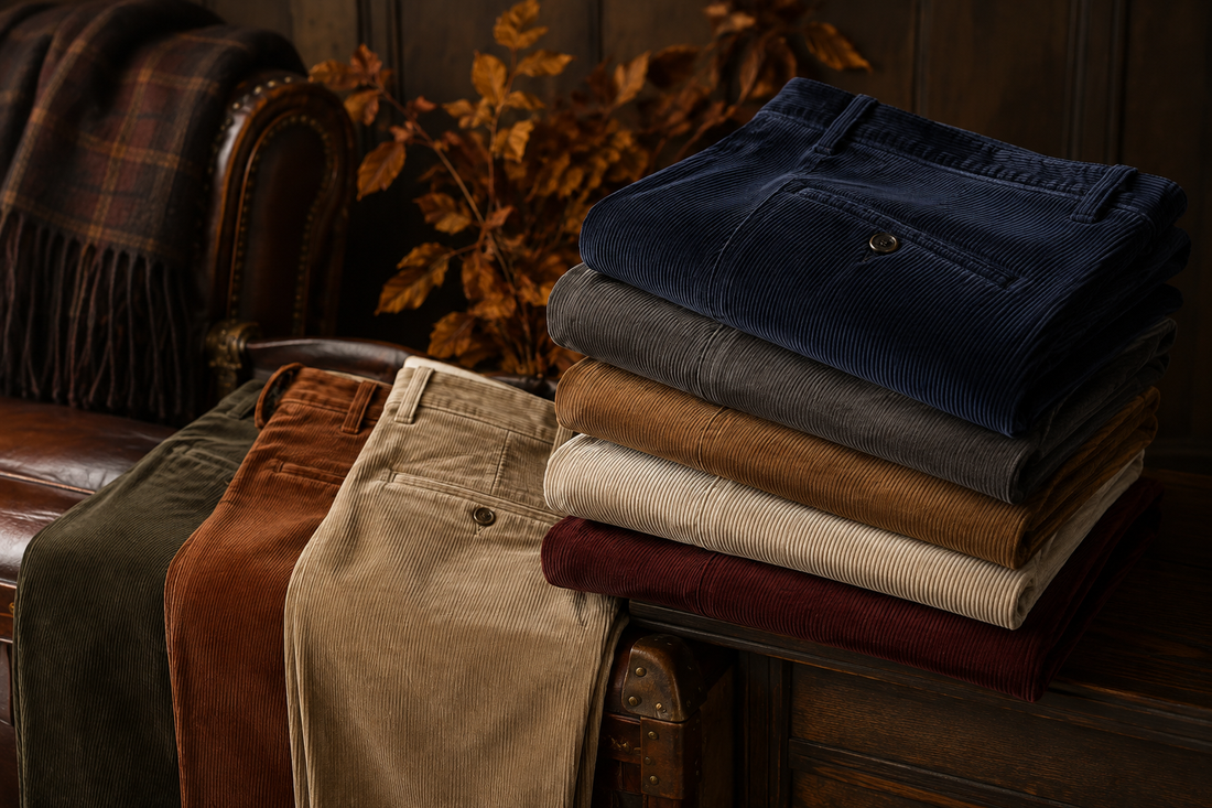 Men's corduroy pants in earthy colors