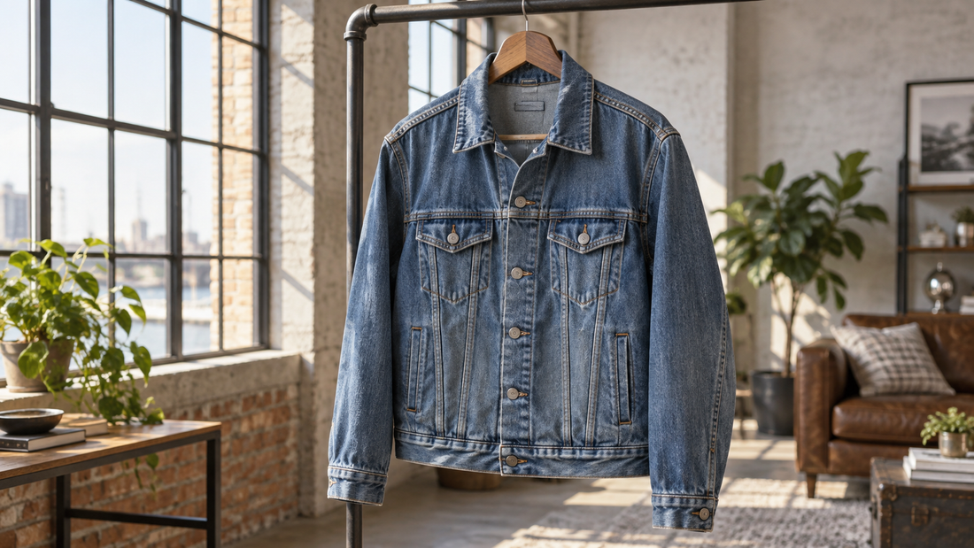 Men's blue denim trucker jacket displayed in a bright industrial loft