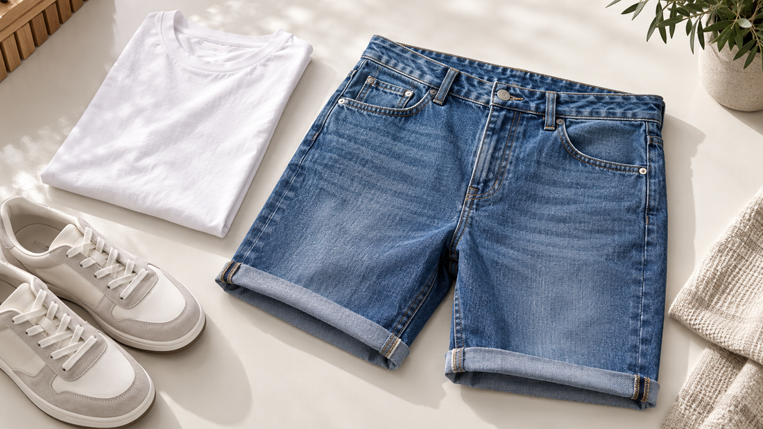 Men's blue denim shorts styled with a white T-shirt and neutral sneakers