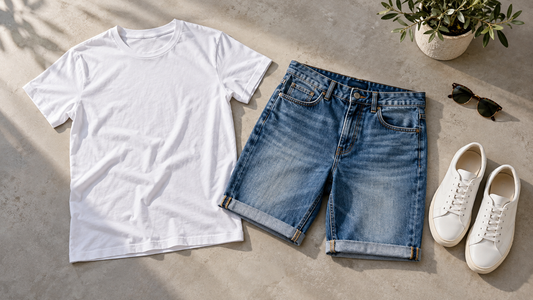 Men's blue jean shorts styled with a white T-shirt and sneakers