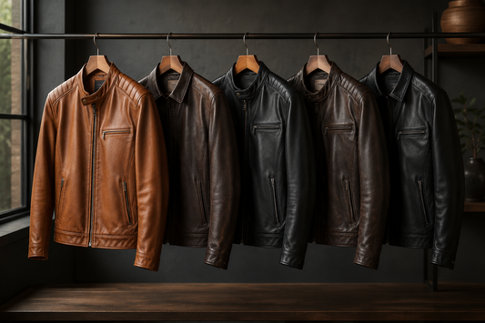 Refined men's leather jackets displayed in a modern studio