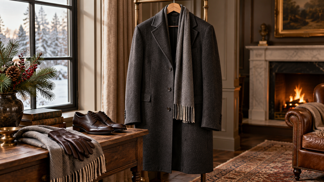 Charcoal men's long coat styled with scarf, gloves and leather shoes