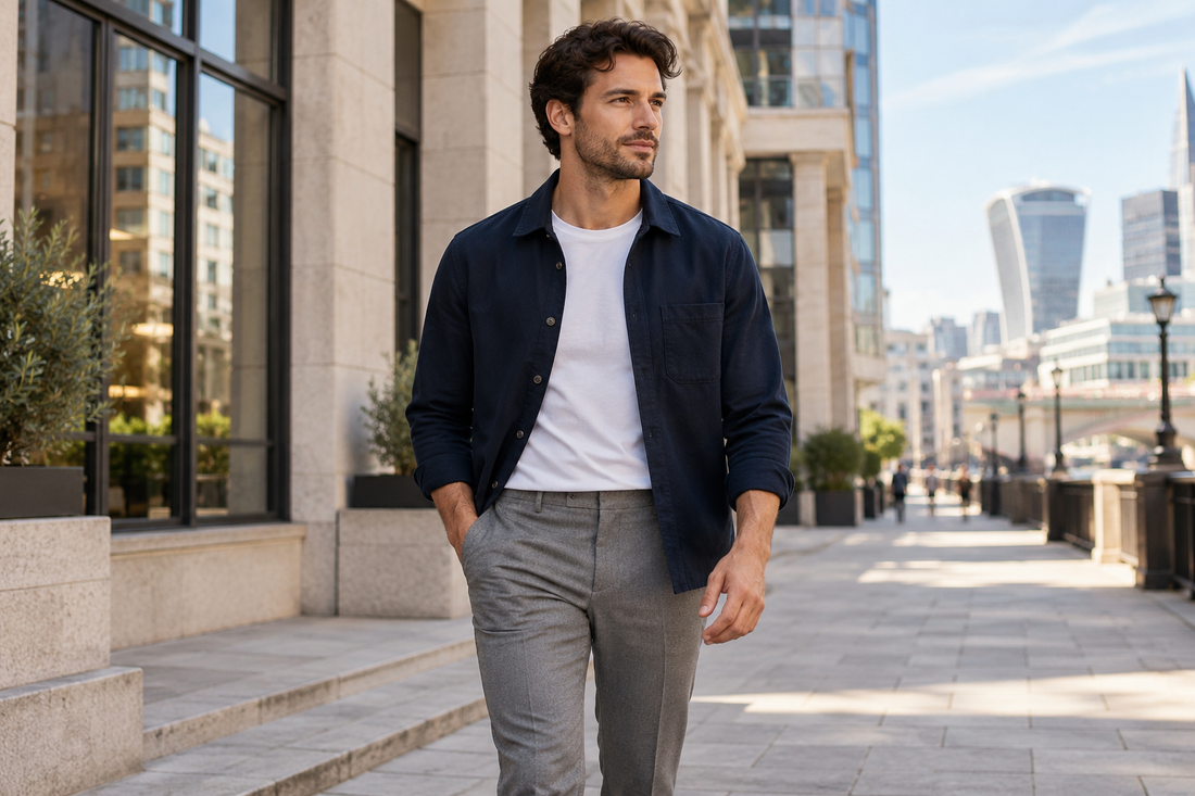 Adult man in a navy overshirt white T-shirt and grey trousers in the city