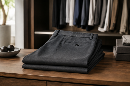 Well-tailored men's pants in a refined wardrobe setting