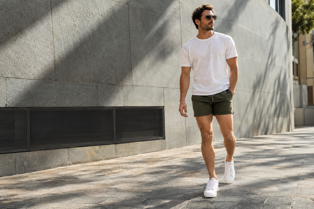 Man wearing short casual summer shorts with a white T-shirt and sneakers