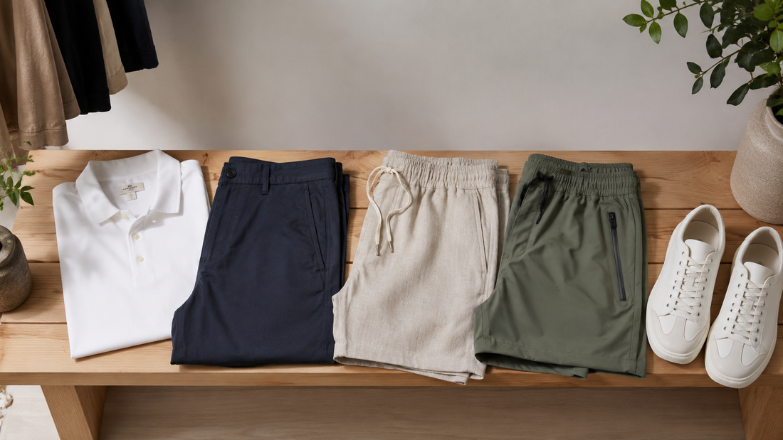 Tailored, linen and active mens shorts arranged with a white polo and clean sneakers