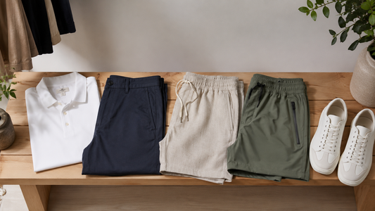 Tailored, linen and active mens shorts arranged with a white polo and clean sneakers