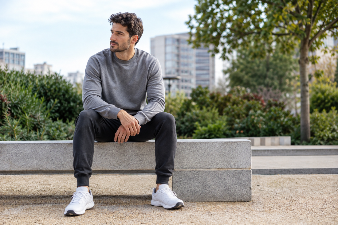 Man wearing dark tracksuit bottoms with a gray sweatshirt in an urban park