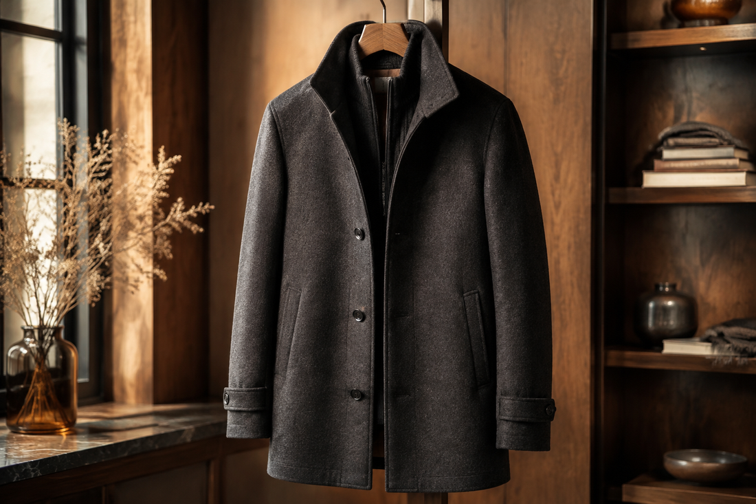 Elegant men's winter coat in a warm upscale studio