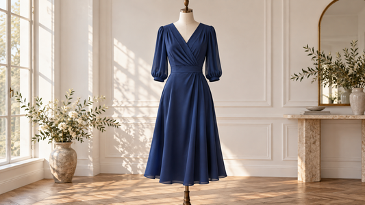 Blue midi dress with sleeves displayed in a sunlit studio