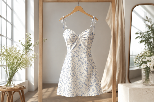 Tasteful mini dress in a bright editorial studio
