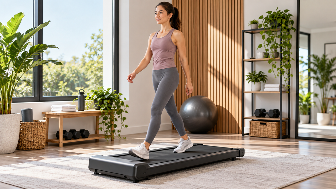 Adult woman walking on a compact mini treadmill in a modern home gym