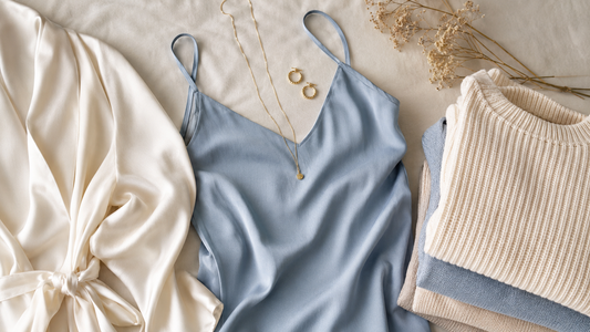 Soft blue camisole ivory robe knitwear and delicate jewelry