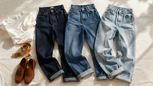 Three high-rise mom jeans styles arranged with a white tee, tan belt and loafers