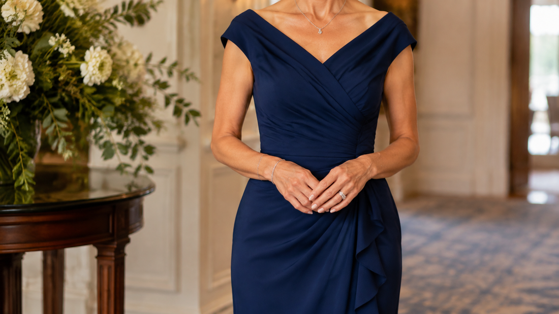 Mother of the bride wearing an elegant deep blue midi dress in a refined celebration setting