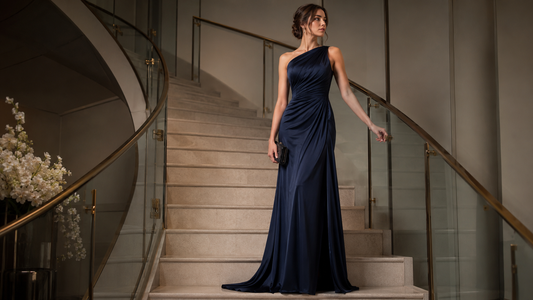 Woman wearing a midnight blue gala gown on a contemporary staircase