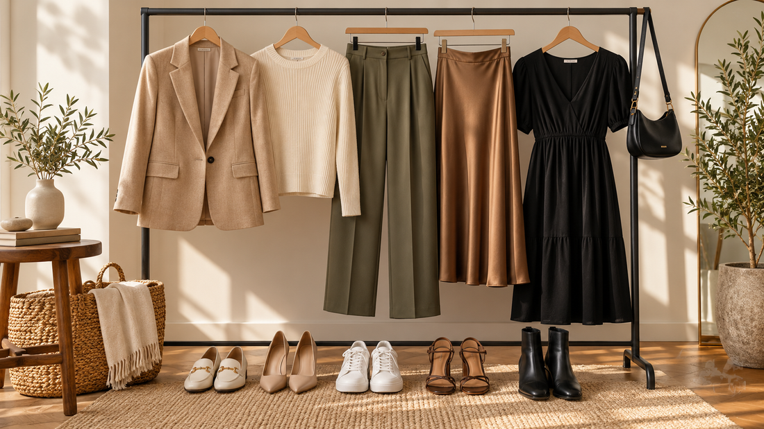 Versatile women's capsule wardrobe with blazer, knitwear, trousers, skirt and dress