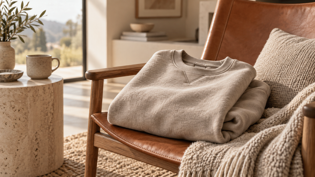 Oversized neutral sweatshirt folded in a warm minimalist interior