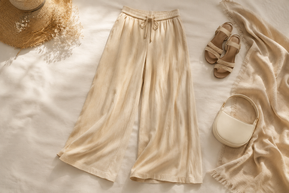 Flowing palazzo pants styled in a refined fashion flat lay